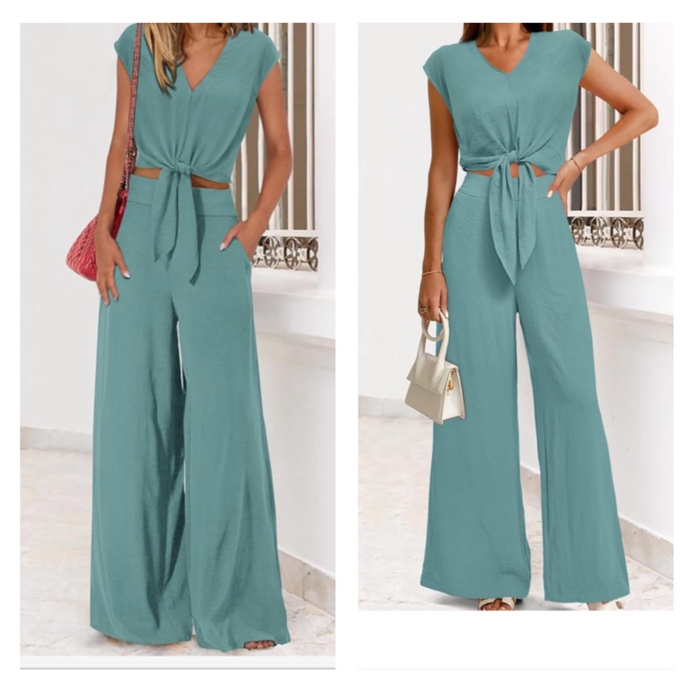 2 Piece Cap Sleeve V Neck Belted Crop Tops Wide Leg Pant Sets Casual Tracksuit